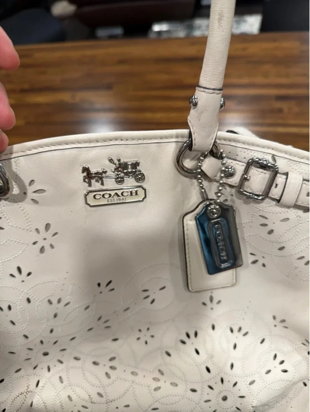 Coach Madison Tossed Laser Lindsey Satchel White Leather Style 19624